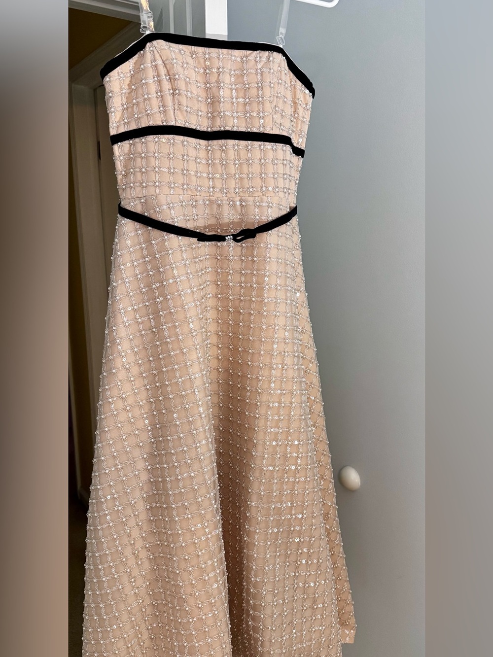 Embellished Blush Champagne A-Line Wedding Dress with Black Trim